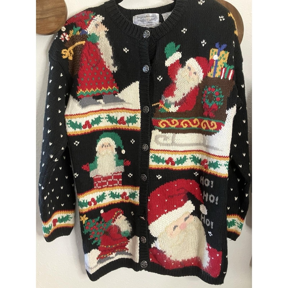 VTG‎ CHRISTMAS Signature By Northern Isles HAND-KNIT Santa Claus Cardigan Large